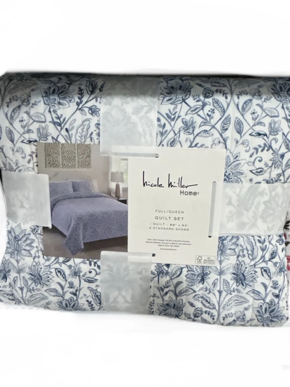 Nicole Miller Cotton Blue and White Full/Queen Quilt Set 88”x92”